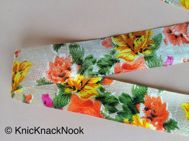 Wholesale Beige, Yellow, Orange And Green Bhagalpuri Silk Fabric Trim Floral Designs